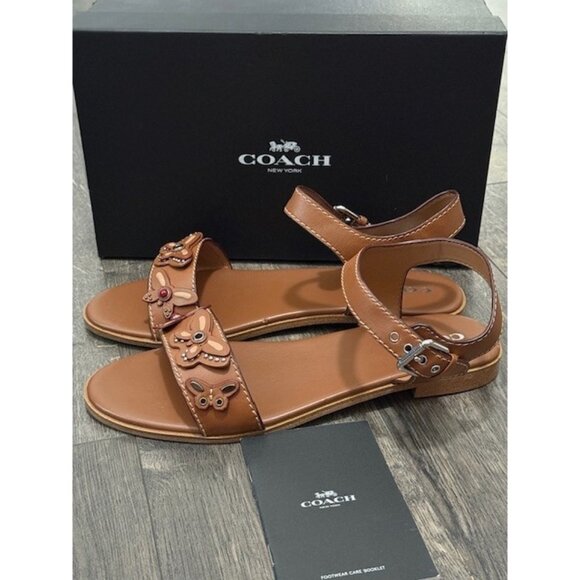 Coach Abby Semi Matte Calf Leather Sandal Q9147 Sz 11 B Brown Butterflies New - Picture 1 of 11